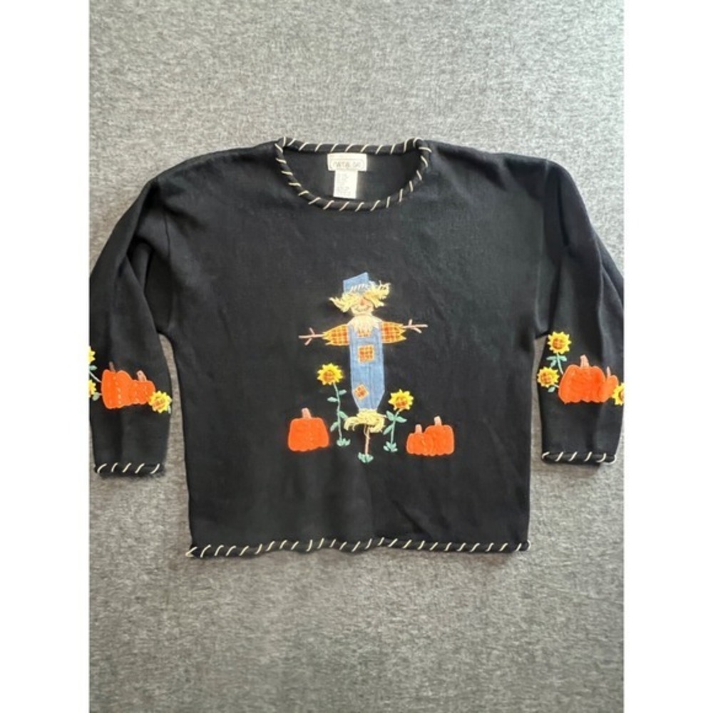 Vintage Mandal Bay Sweater Women's XL Black Scarecrow Pumpkin Sunflower